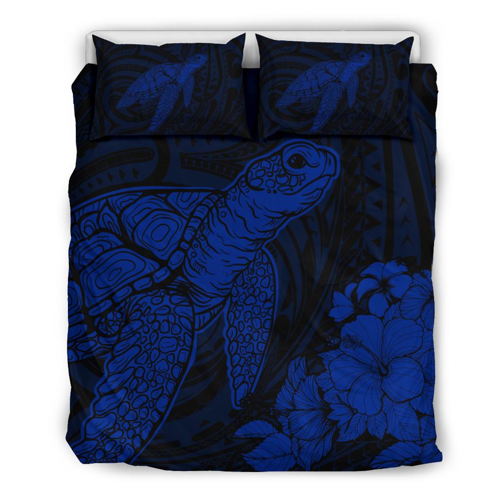 Hawaiian Hibiscus Memory Turtle Polynesian Bedding Set Blue Blue - Polynesian Pride