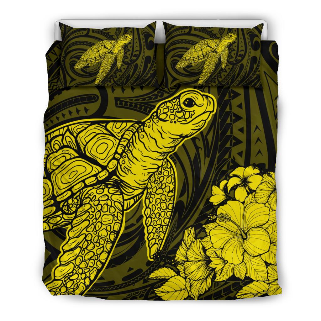 Hawaiian Hibiscus Memory Polynesian Turtle Bedding Set Yellow Yellow - Polynesian Pride