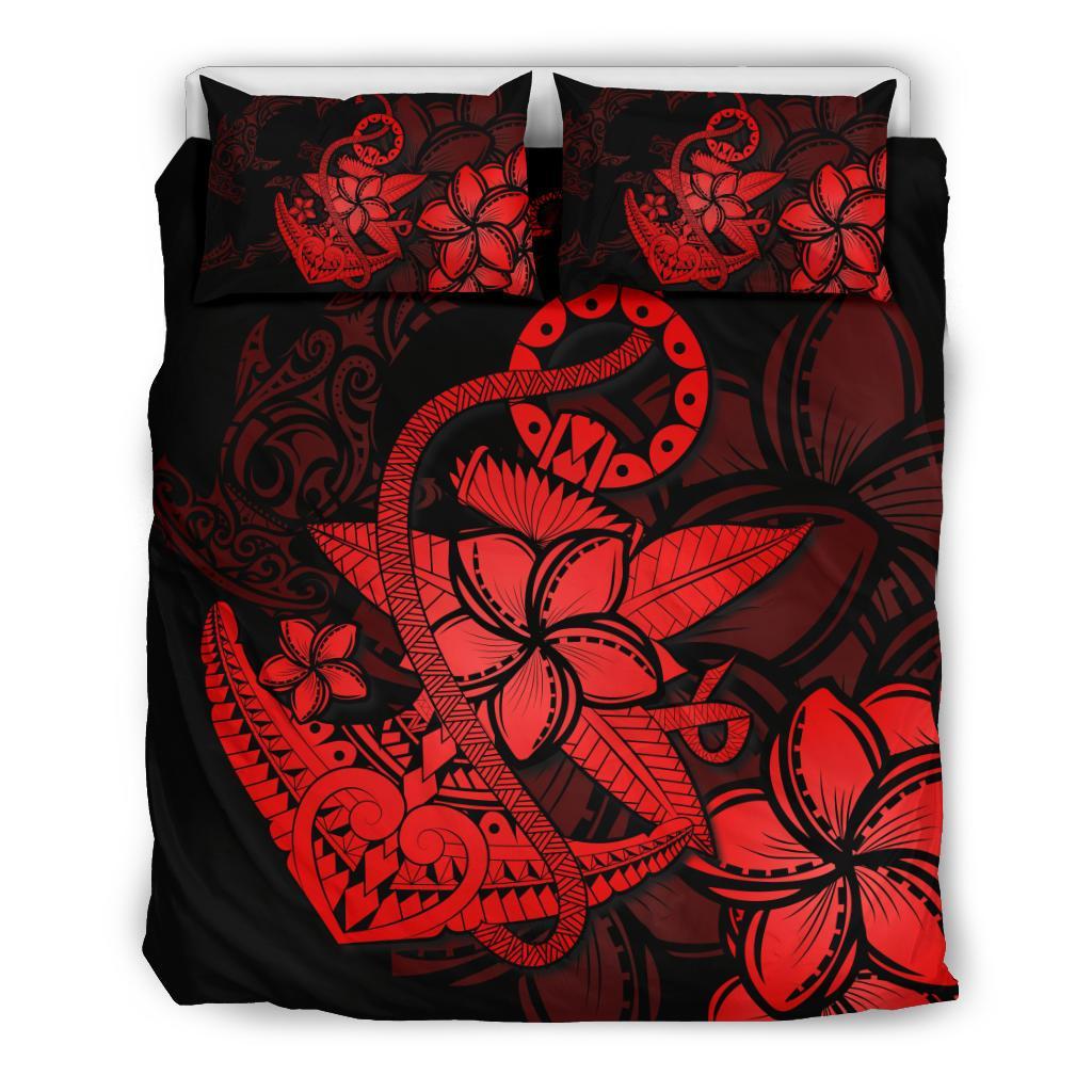 Hawaiian Anchor Plumeria Hamerhead Shark Polynesian Bedding Set - Red Black - Polynesian Pride