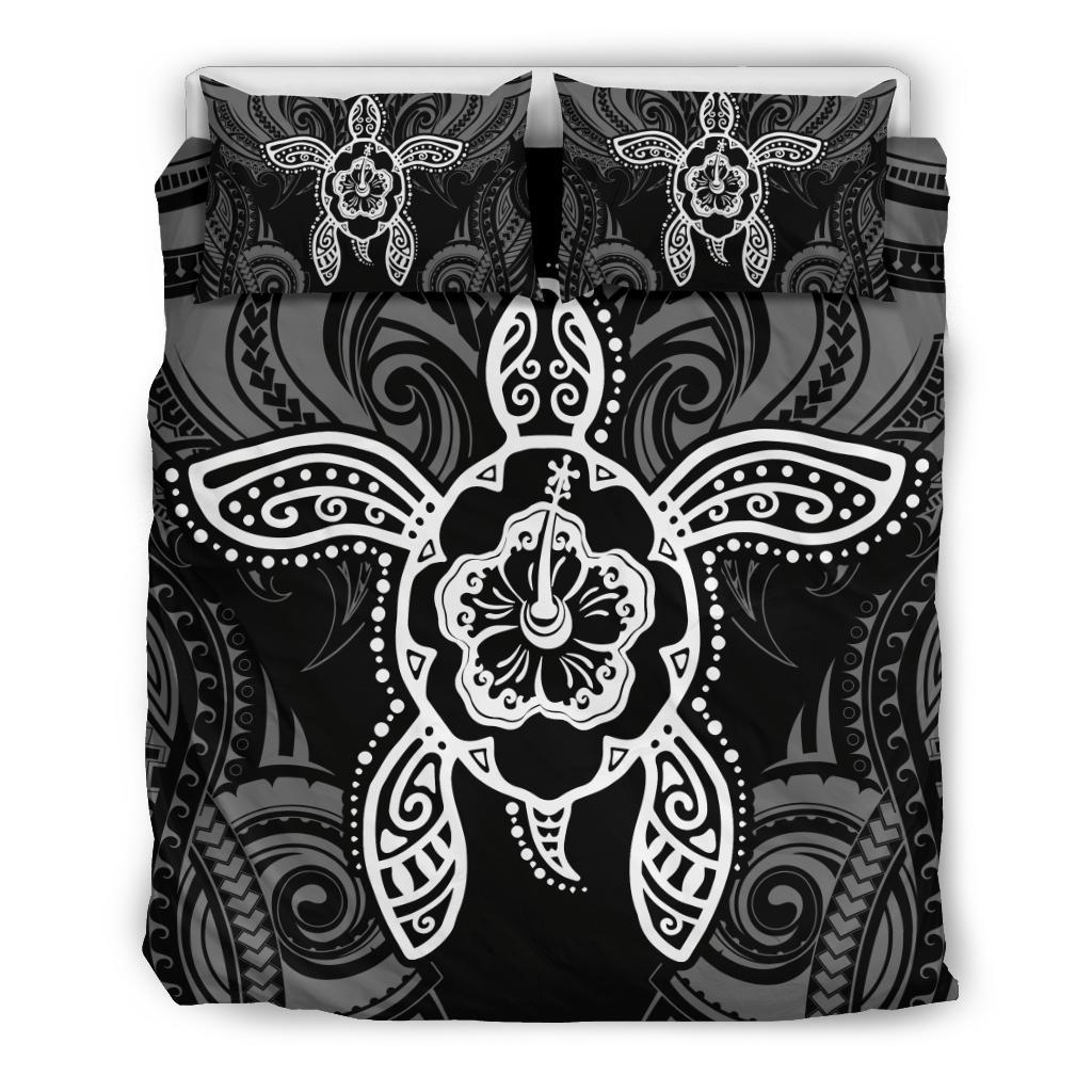 Hawaiian Turtle Hibiscus Polynesian Bedding Set White Black - Polynesian Pride