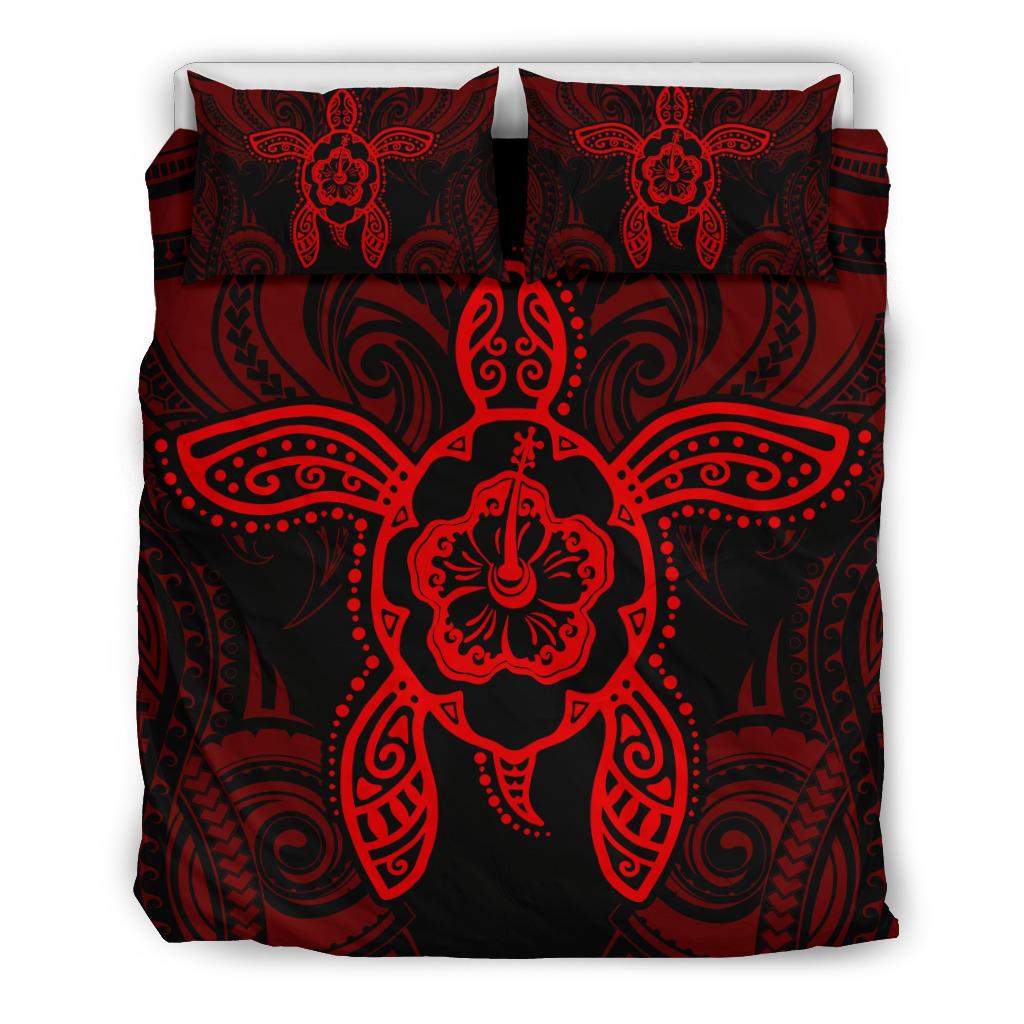 Hawaiian Turtle Hibiscus Polynesian Bedding Set Red Black - Polynesian Pride