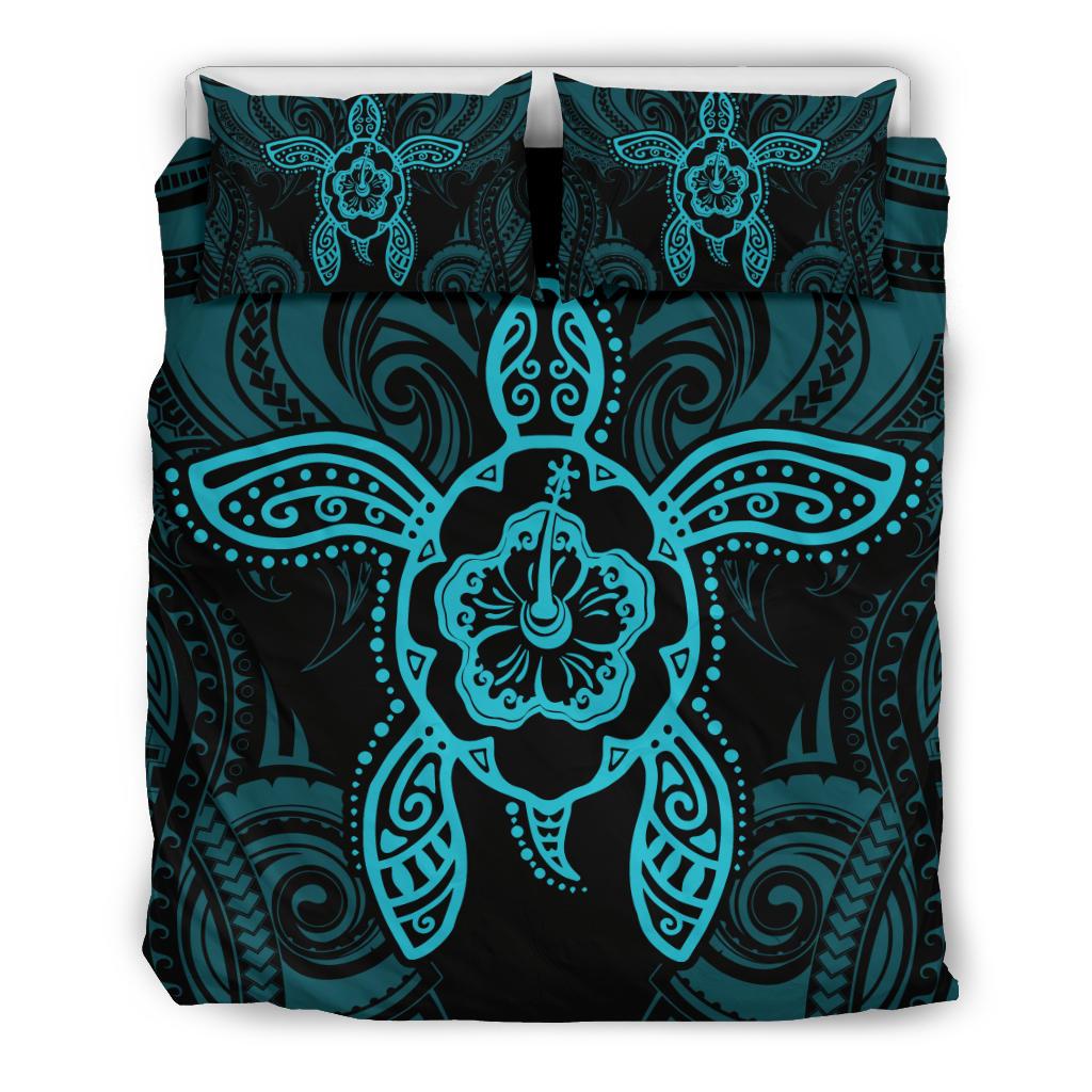 Hawaiian Turtle Hibiscus Polynesian Bedding Set Blue Black - Polynesian Pride