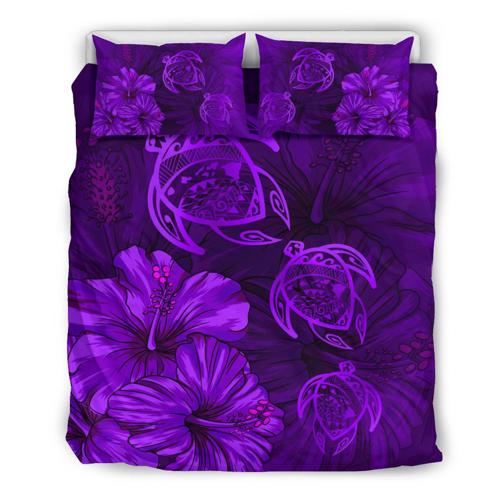 Hawaiian Map Turtle Hibiscus Vintage Polynesian Bedding Set Purple Purple - Polynesian Pride