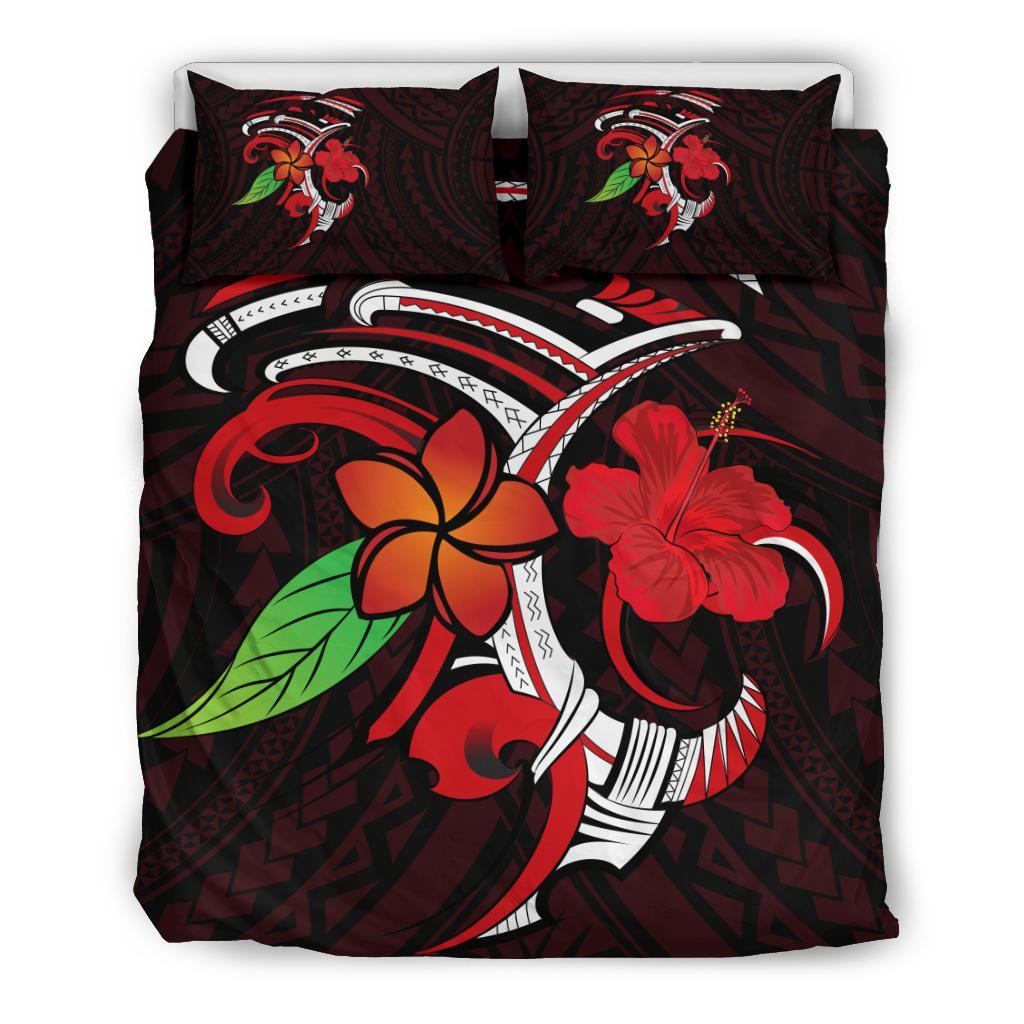 Hawaiian Hibiscus And Plumeria Flower Polynesian Bedding Set Red - Polynesian Pride