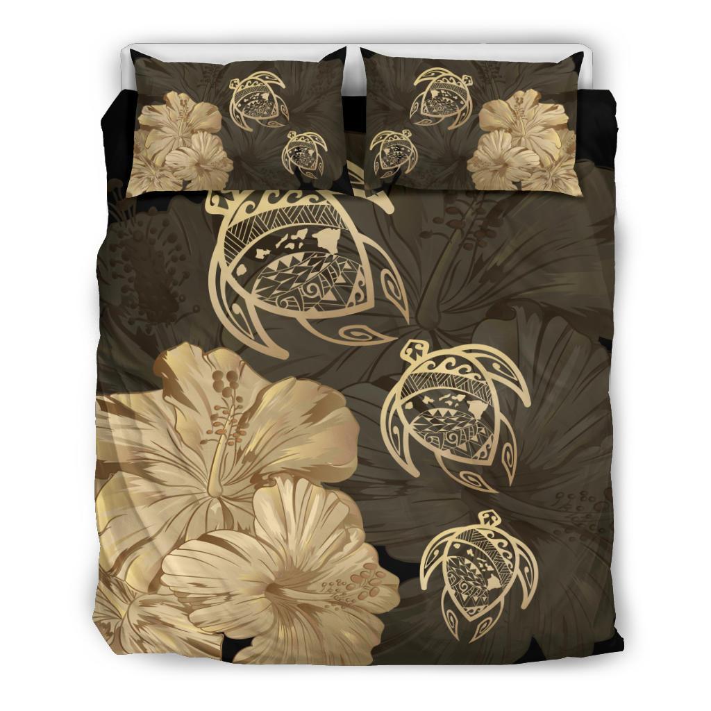 Hawaiian Map Turtle Hibiscus Vintage Polynesian Bedding Set Gold Art - Polynesian Pride