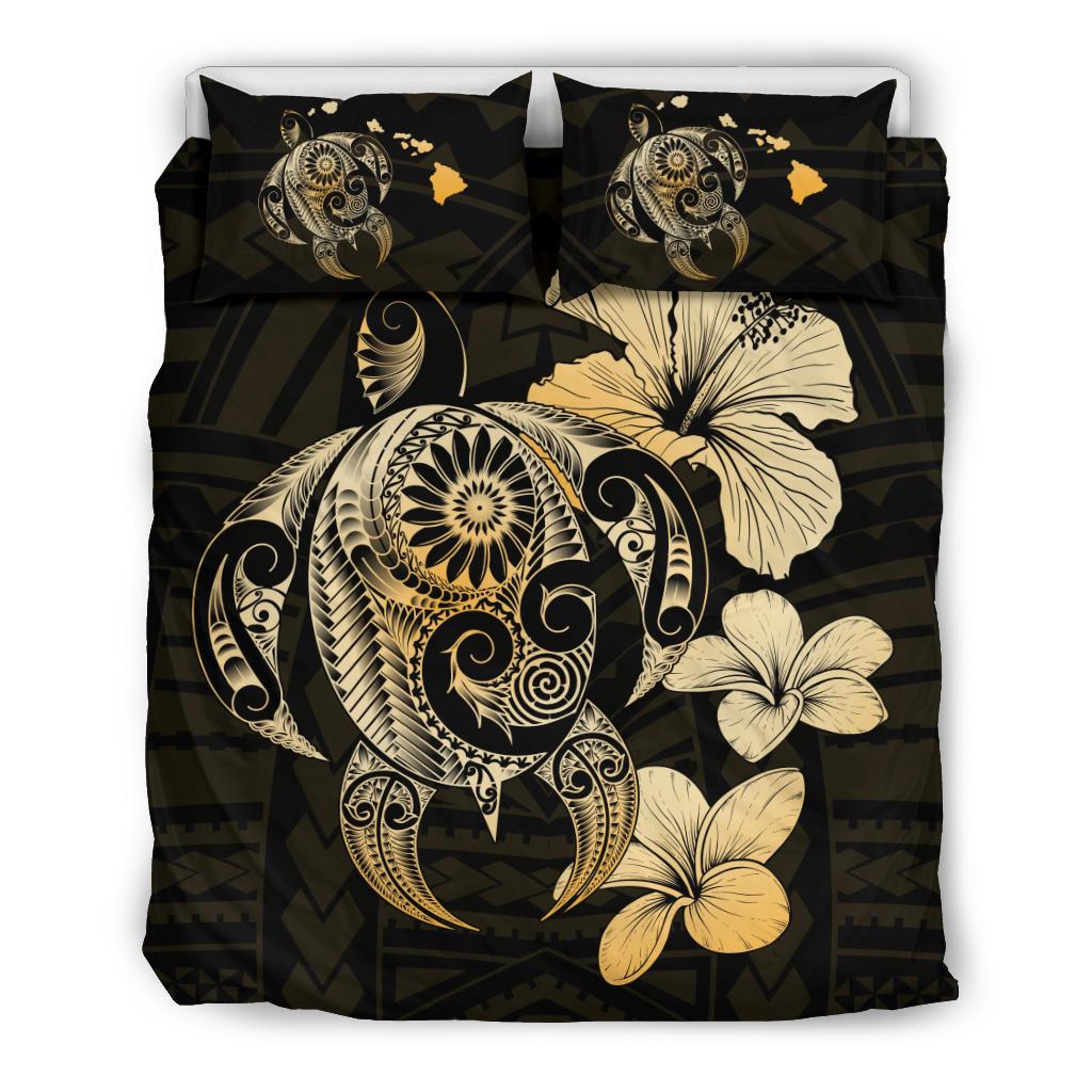 Hawaiian Hibiscus Plumeria Mix Turtle Polynesian Bedding Set Gold Gold - Polynesian Pride