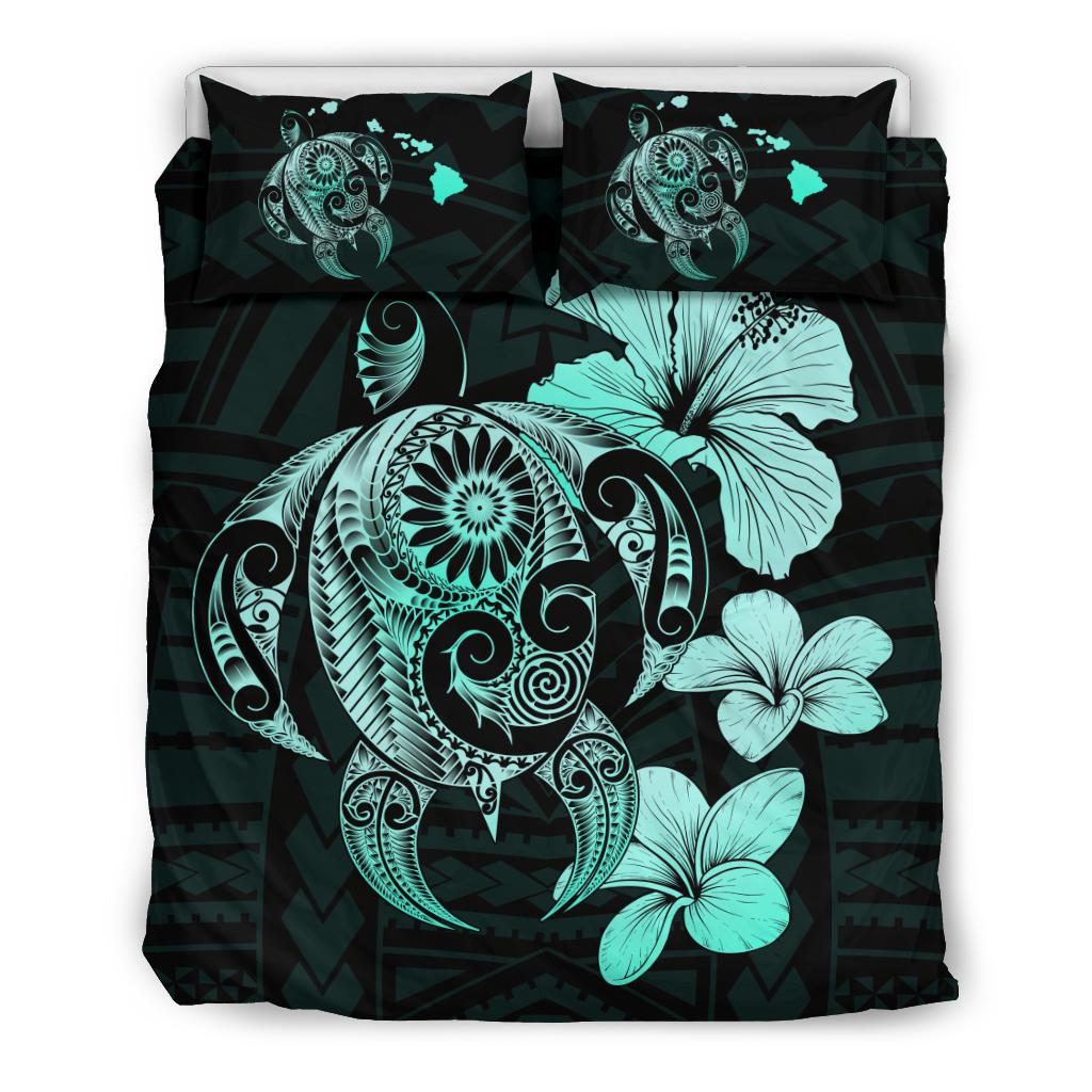 Hawaiian Hibiscus Plumeria Mix Turtle Polynesian Bedding Set Turquoise Art - Polynesian Pride