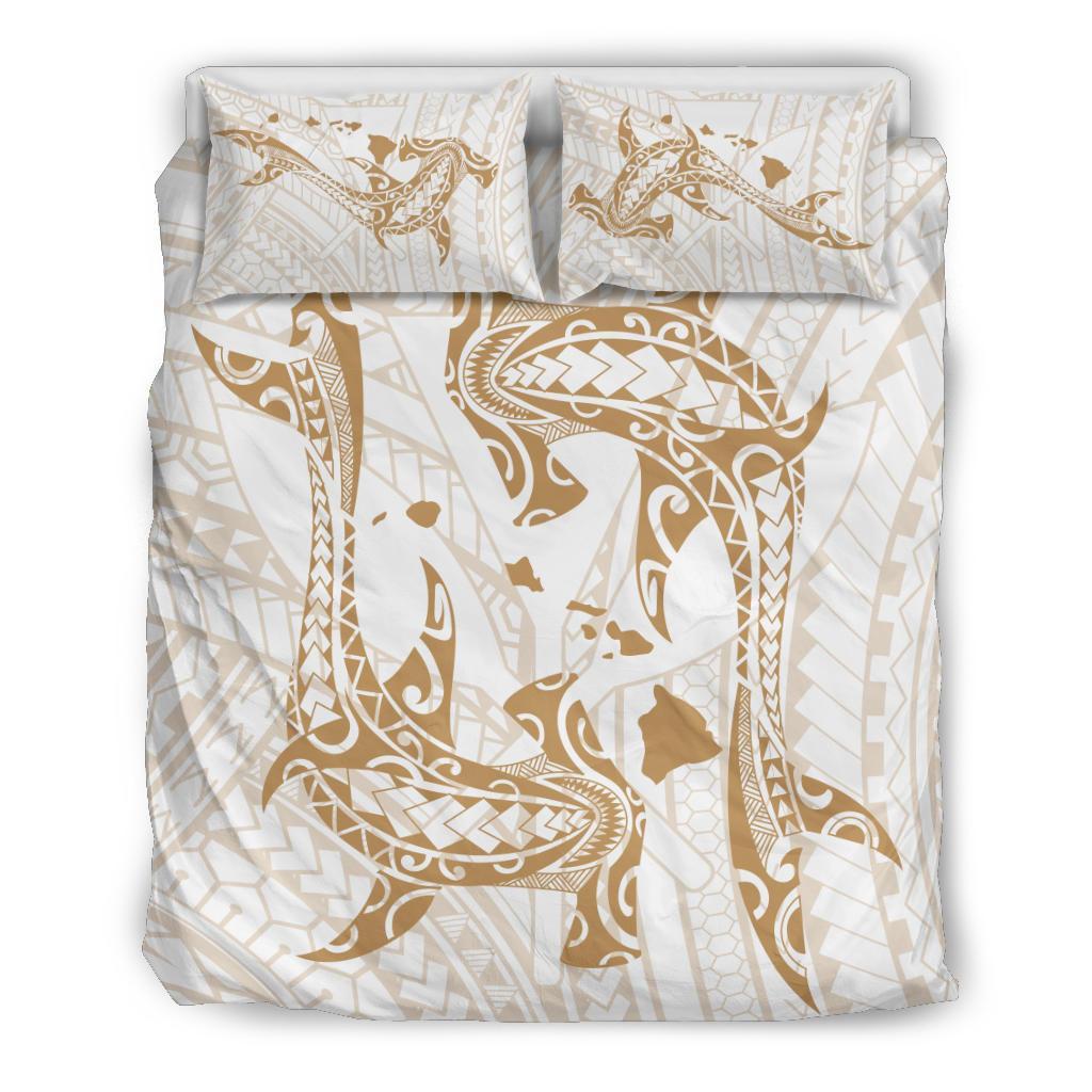 Hawaiian Map Hamerhead Shark Yin Yang Polynesian Bedding Set - White White - Polynesian Pride