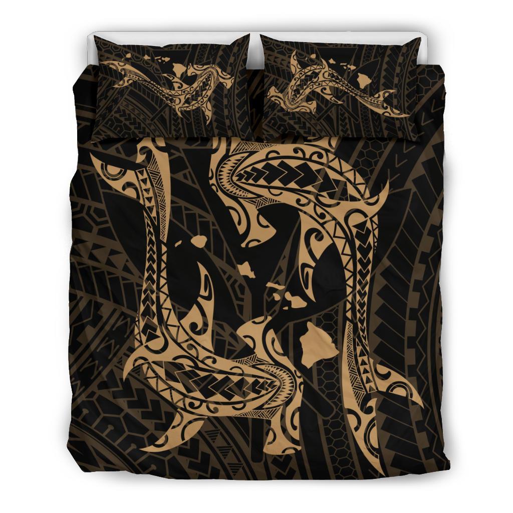 Hawaiian Map Hamerhead Shark Yin Yang Polynesian Bedding Set - Gold Black - Polynesian Pride