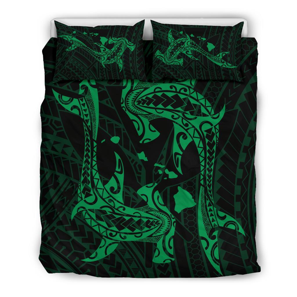 Hawaiian Map Hamerhead Shark Yin Yang Polynesian Bedding Set - Green Black - Polynesian Pride