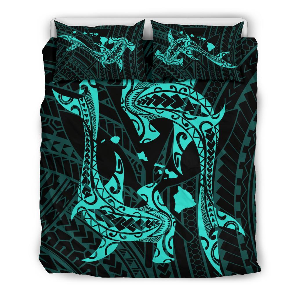 Hawaiian Map Hamerhead Shark Yin Yang Polynesian Bedding Set - Tourquoise Black - Polynesian Pride