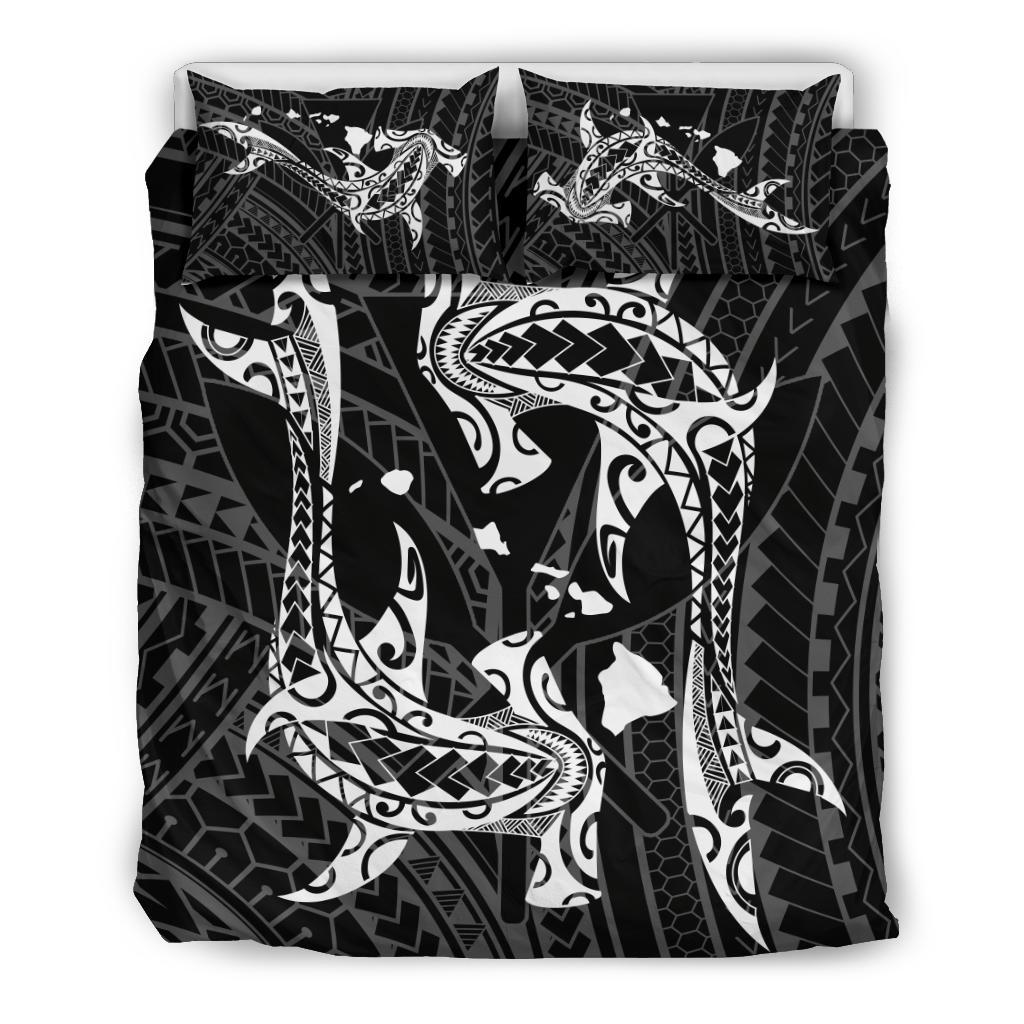 Hawaiian Map Hamerhead Shark Yin Yang Polynesian Bedding Set - Black Black - Polynesian Pride