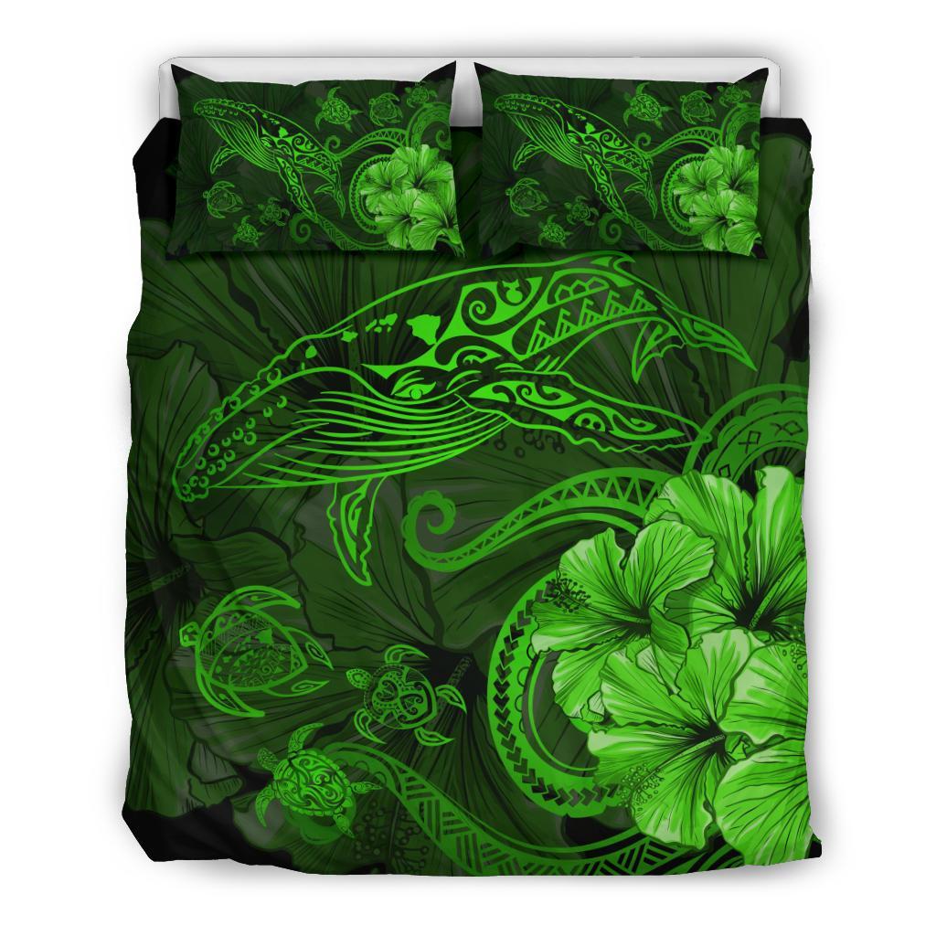 Hawaiian Hibiscus Whale Turtle Dance Polynesian Bedding Set - Green Green - Polynesian Pride