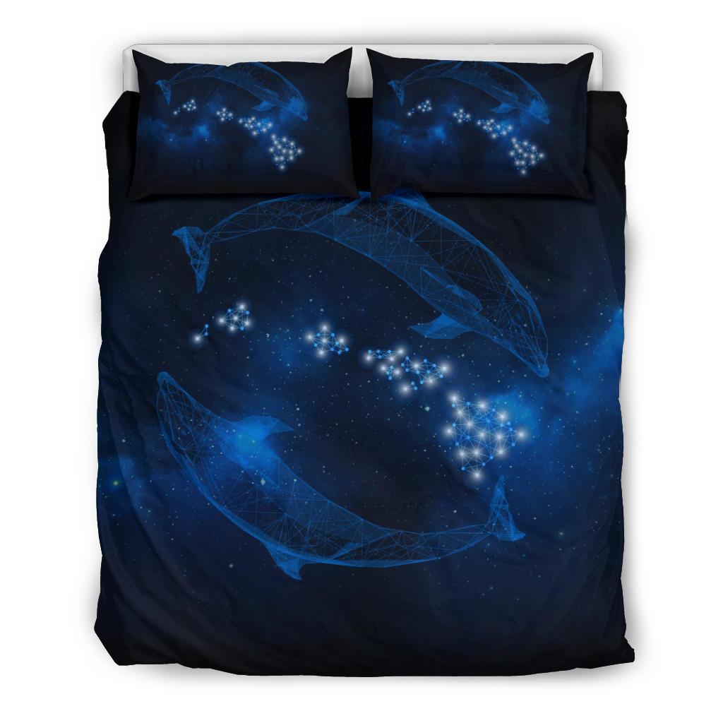 Hawaiian Map Galaxy Zodiac Dolphin Polynesian Bedding Set Black - Polynesian Pride