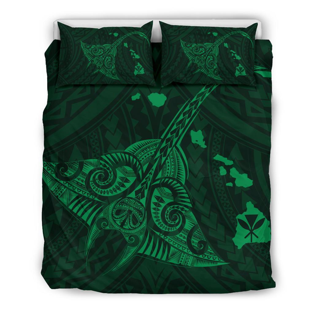 Hawaiian Map Kanaka Manta Ray Polynesian Bedding Set Green Green - Polynesian Pride