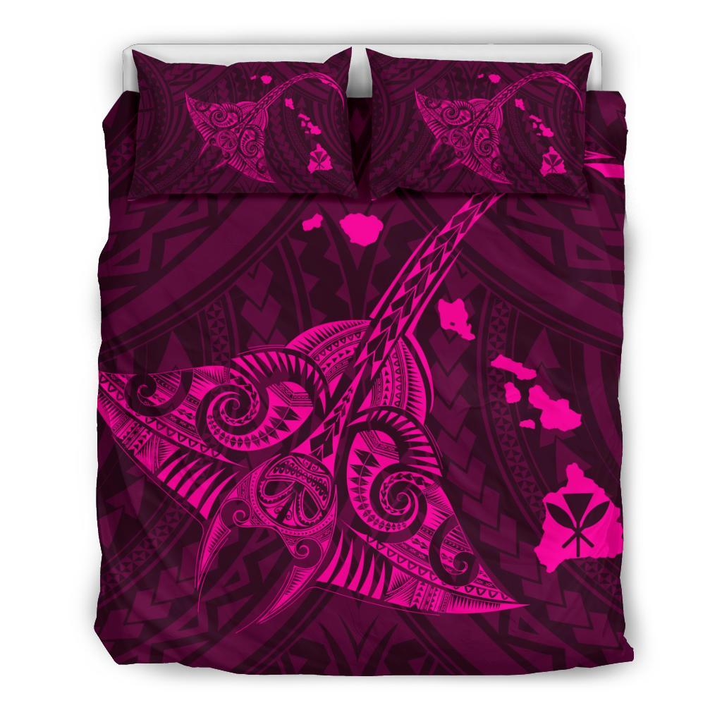 Hawaiian Map Kanaka Manta Ray Polynesian Bedding Set Pink Pink - Polynesian Pride