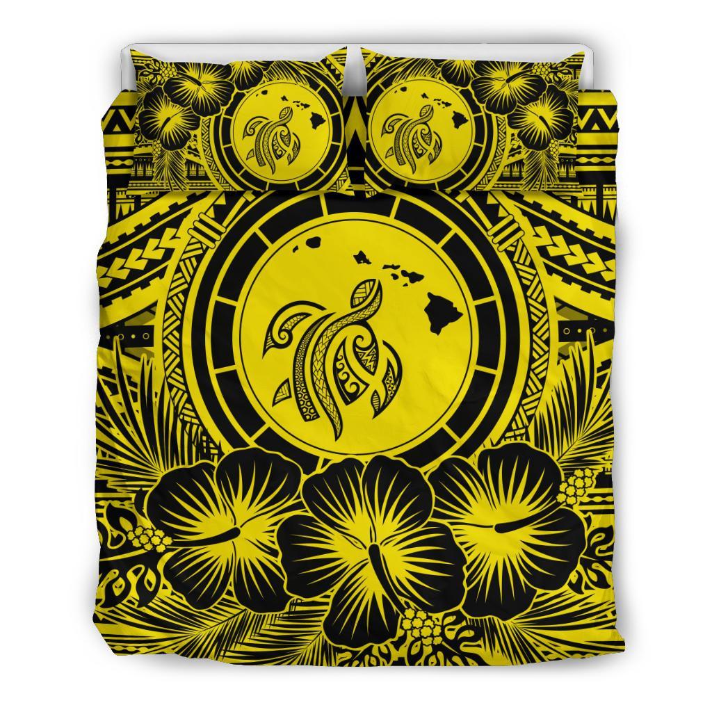 Hawaiian Map Honu Hibiscus Tropic Yellow Polynesian Bedding Set Yellow - Polynesian Pride