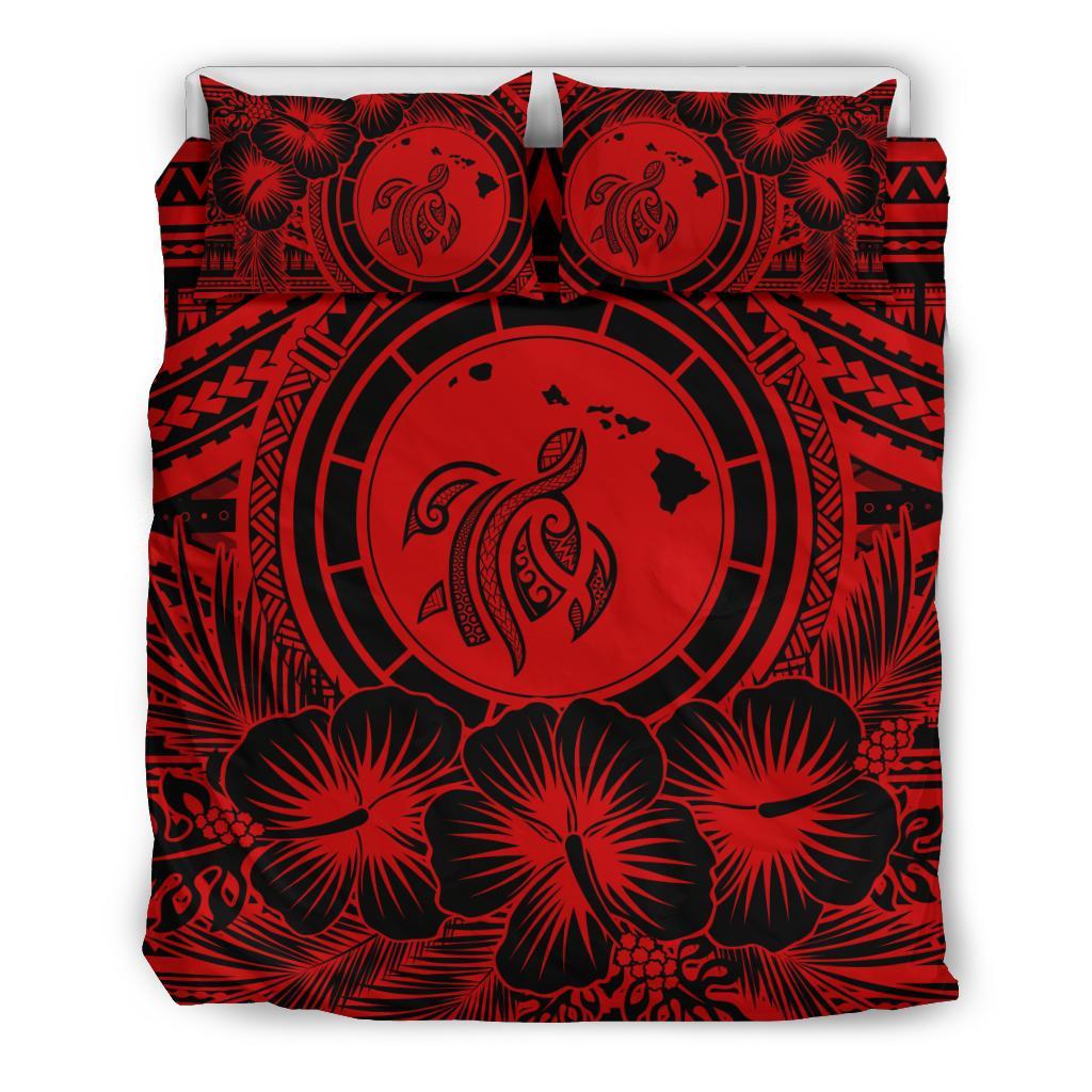 Hawaiian Map Honu Hibiscus Tropic Red Polynesian Bedding Set Red - Polynesian Pride