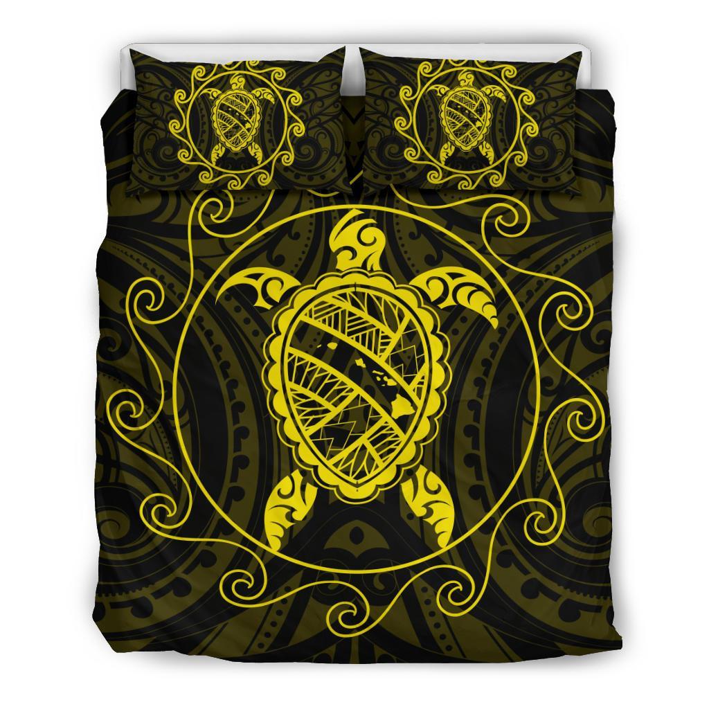 Hawaiian Map Turtle Wave Polynesian Bedding Set Yellow Yellow - Polynesian Pride