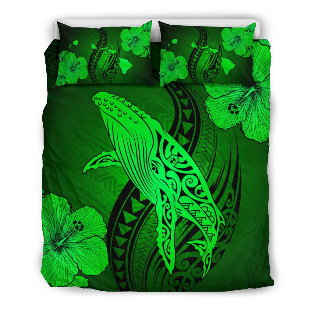 Hawaiian Map Whale Swim Hibiscus Polynesian Bedding Set - Green Green - Polynesian Pride