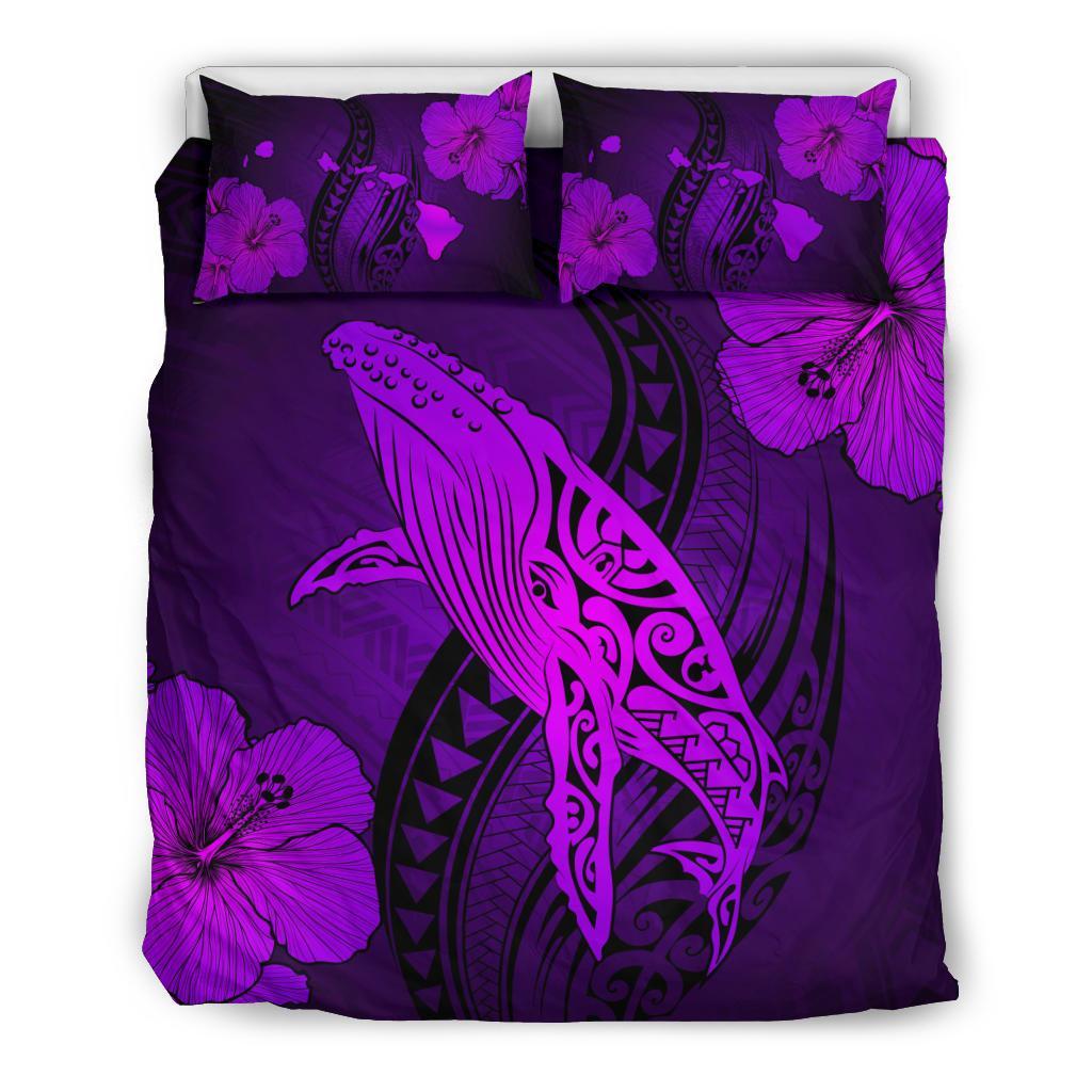 Hawaiian Map Whale Swim Hibiscus Polynesian Bedding Set - Purple Purple - Polynesian Pride