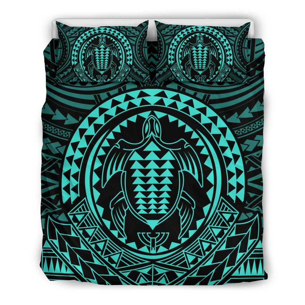 Hawaiian Kakau Honu Arc Turquoise Polynesian Bedding Set Art - Polynesian Pride