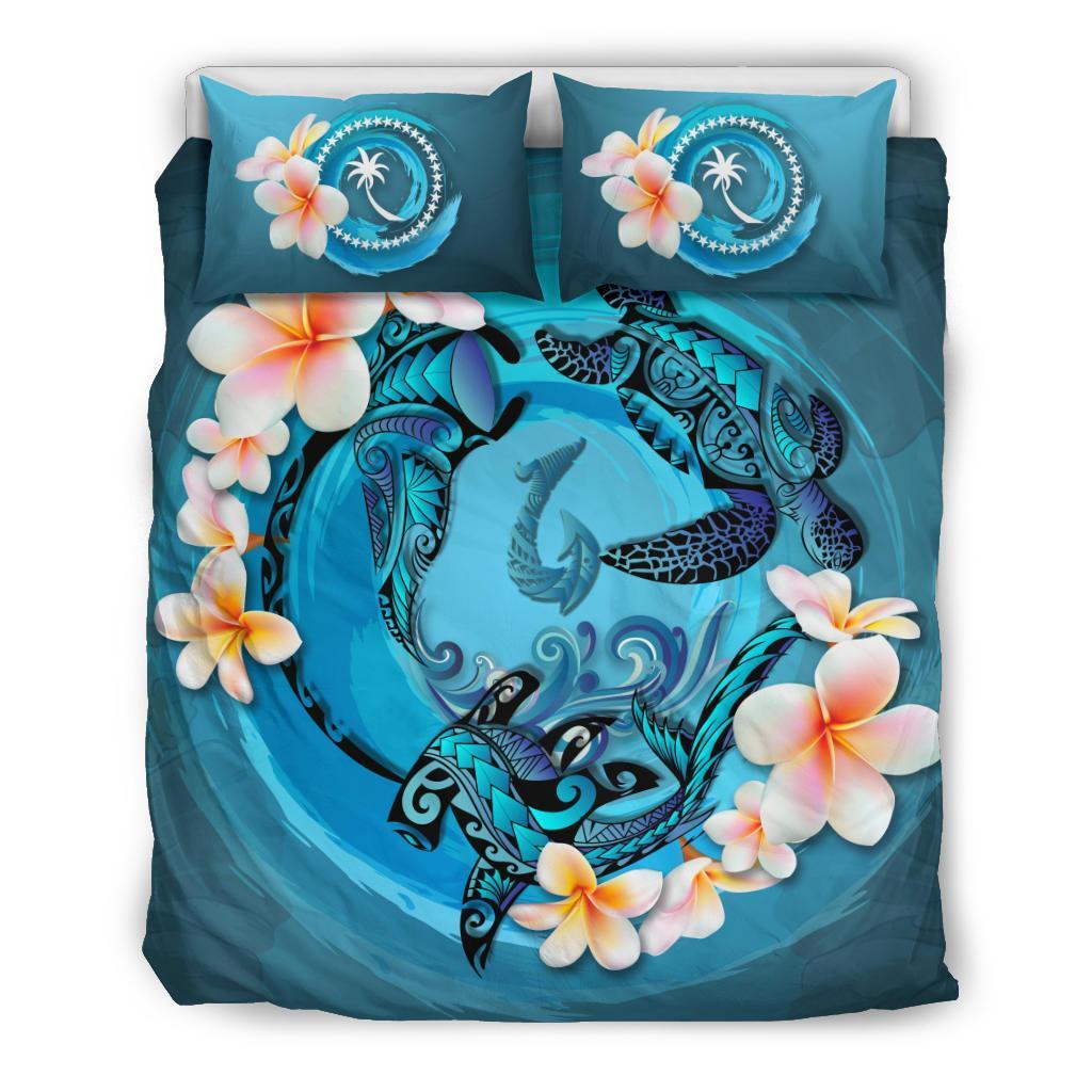 Polynesian Duvet Cover Set - Chuuk Bedding Set Blue Plumeria Animal Tattoo Blue - Polynesian Pride
