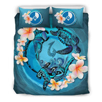 Polynesian Duvet Cover Set - Yap Bedding Set Blue Plumeria Animal Tattoo Blue - Polynesian Pride