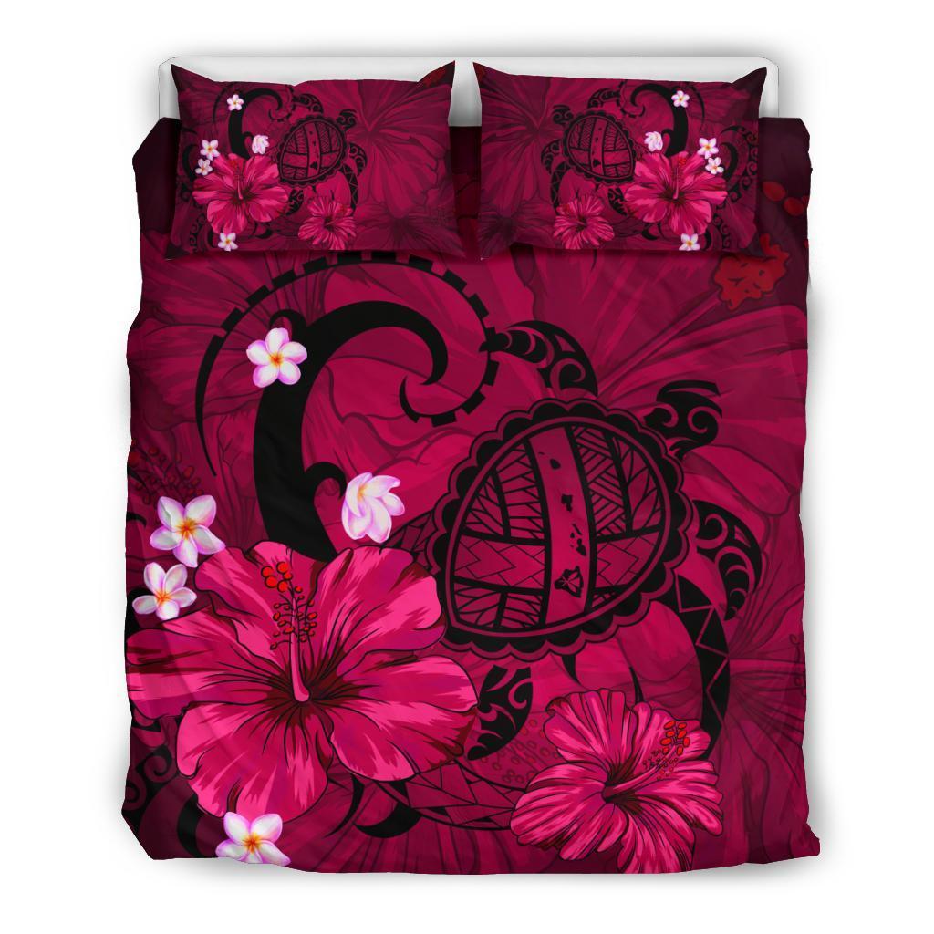 Hawaiian Map Big Turtle Hibiscus Plumeria Tribal Polynesian Bedding Set - Pink Pink - Polynesian Pride