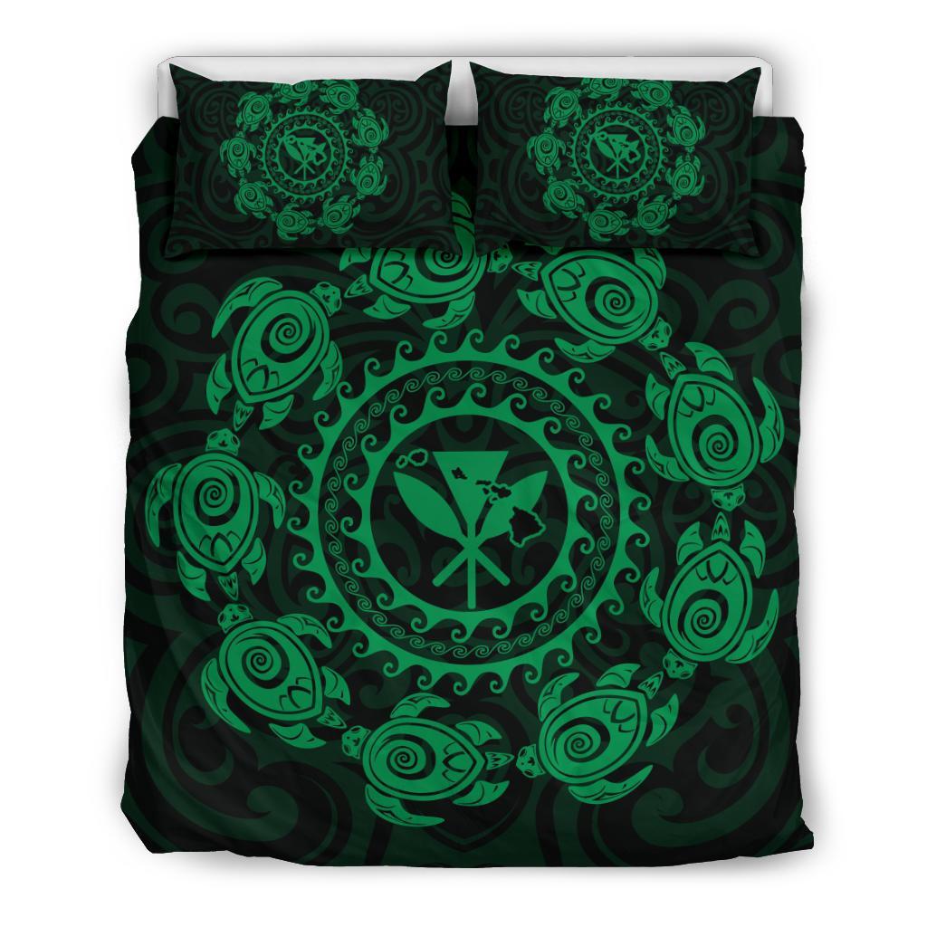 Hawaiian Map Kanaka Turtles Circle Style Green Polynesian Bedding Set Green - Polynesian Pride