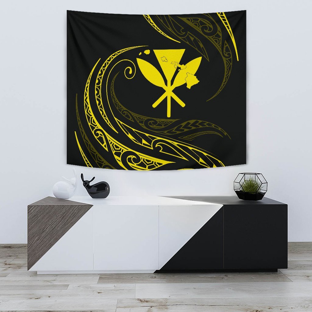Kanaka Tapestry - Yellow - Frida Style Wall Tapestry Small 60" x 51" Black - Polynesian Pride