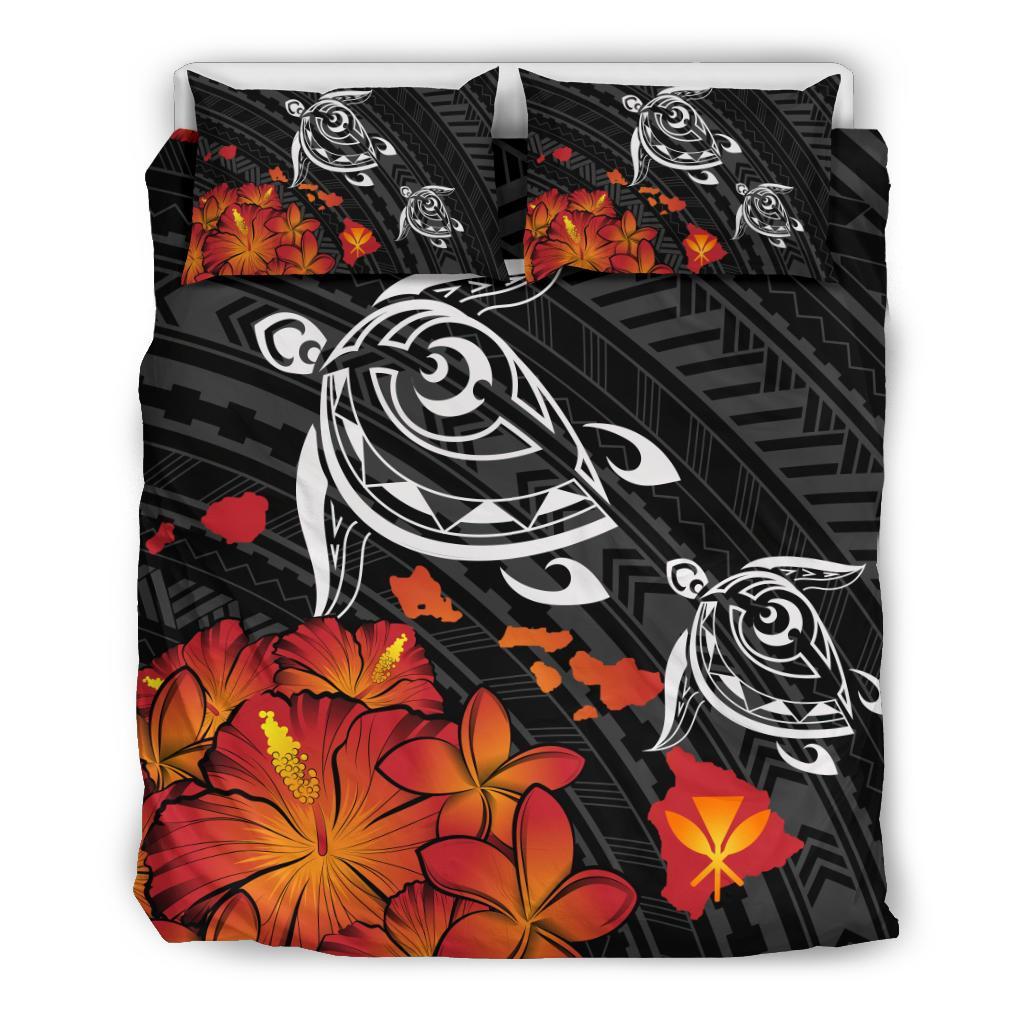 Hawaiian Map Kanaka Turtles Hibiscus Plumeria Bedding Set White - Polynesian Pride