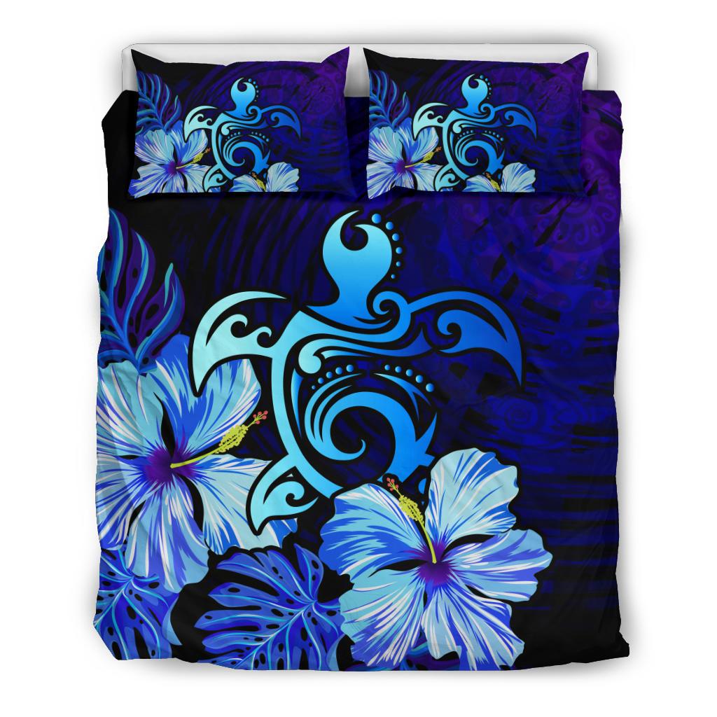 Hawaiian Hibiscus Tropical Deep Ocean Turtle Sea Bedding Set Black - Polynesian Pride