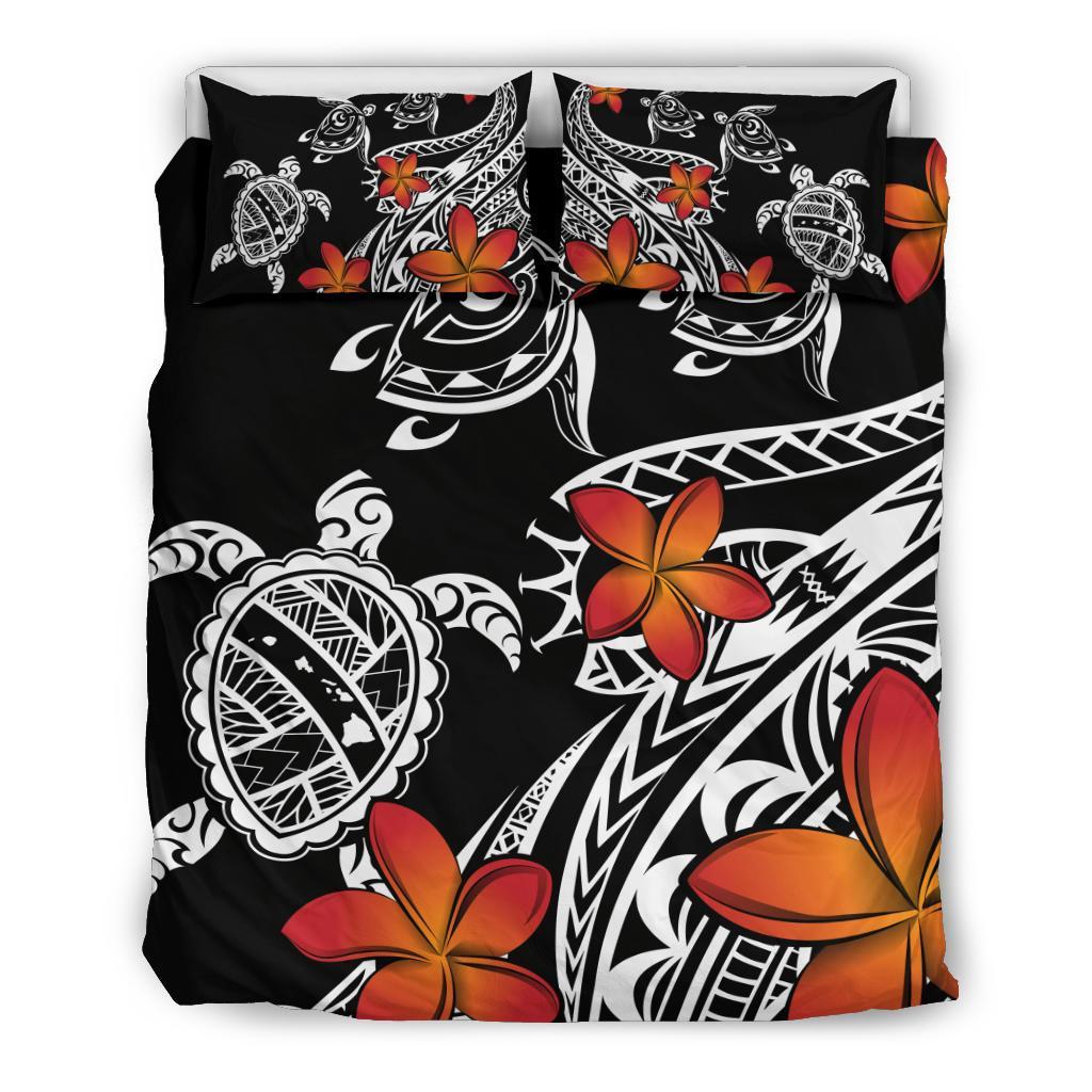 Hawaiian Map Turtles Swim Plumeria Polynesian Bedding Set Black - Polynesian Pride