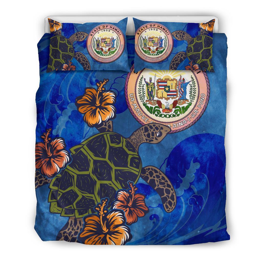 Hawaiian Seal Of Hawaii Hibiscus Ocean Turtle Polynesian Bedding Set Blue - Polynesian Pride