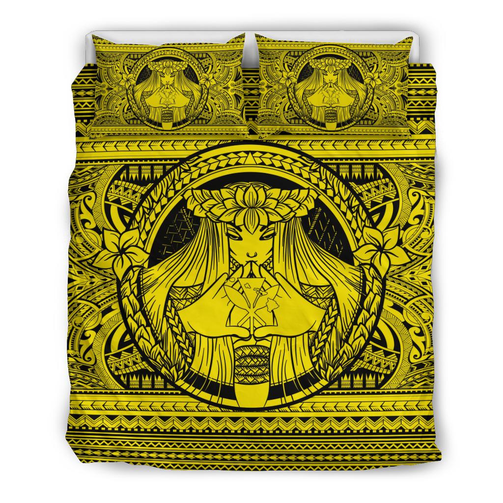 Hawaiian Map Madame Pele Kanaka Plumeria Polynesian Bedding Set Yellow Yellow - Polynesian Pride