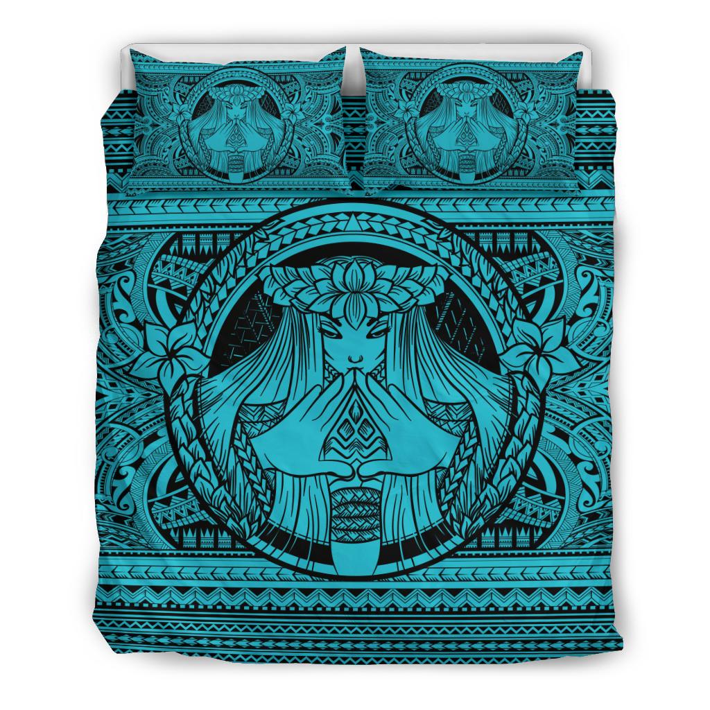 Hawaiian Madame Pele Plumeria Polynesian Bedding Set Blue Blue - Polynesian Pride