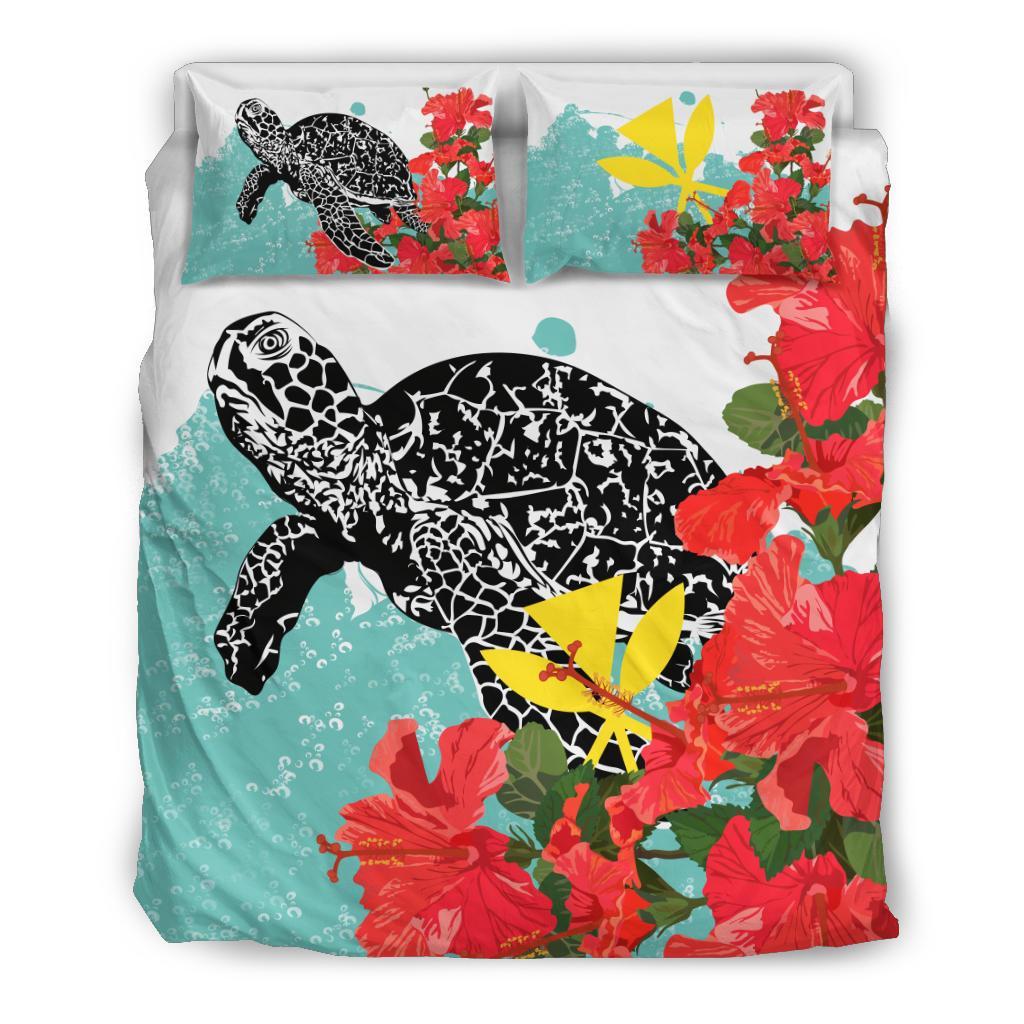 Hawaiian Sea Turtle Kanaka Hibiscus Polynesian Bedding Set Blue - Polynesian Pride