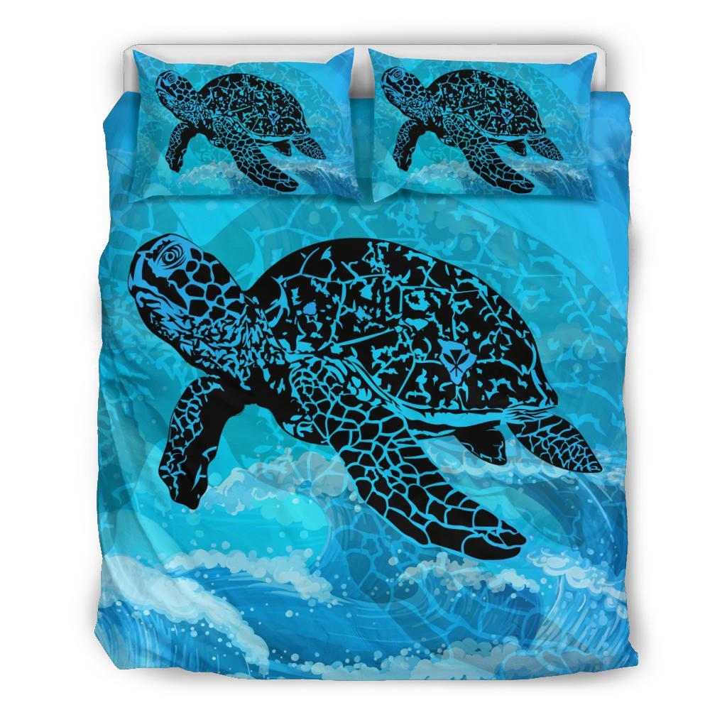 Hawaiian Sea Turtle Swim In The Waves Polynesian Bedding Set Blue - Polynesian Pride