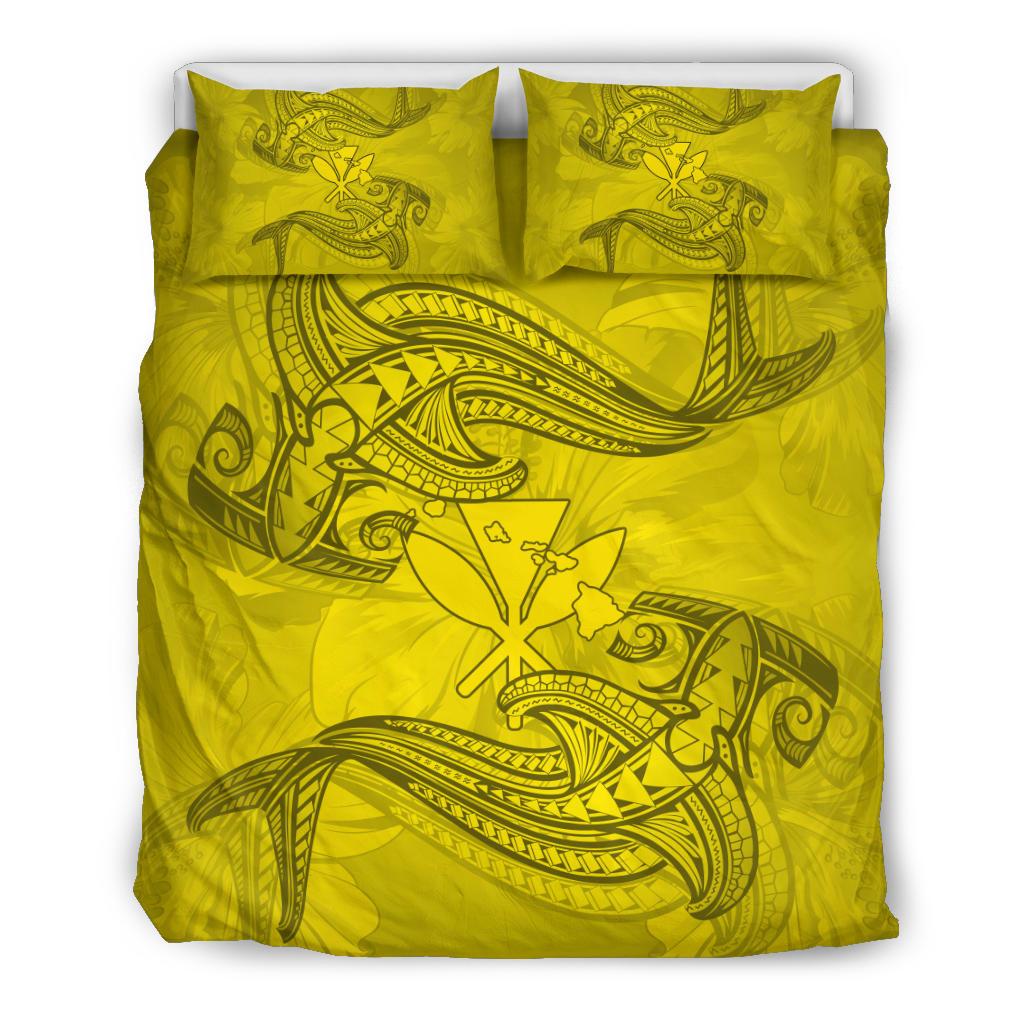 Hawaiian Map Kanaka Hammerhead Shark Polynesian Bedding Set Yellow Yellow - Polynesian Pride