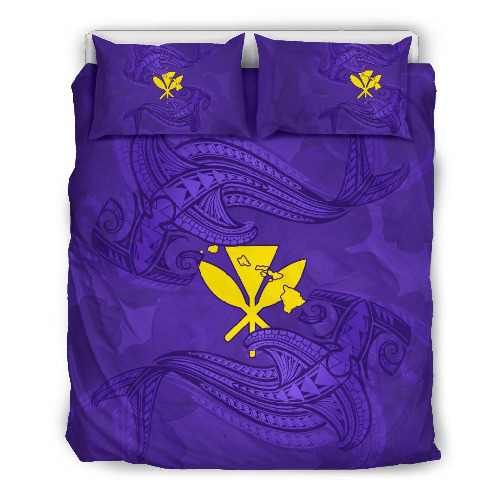 Hawaiian Map Kanaka Hammerhead Shark Polynesian Bedding Set Purple Purple - Polynesian Pride