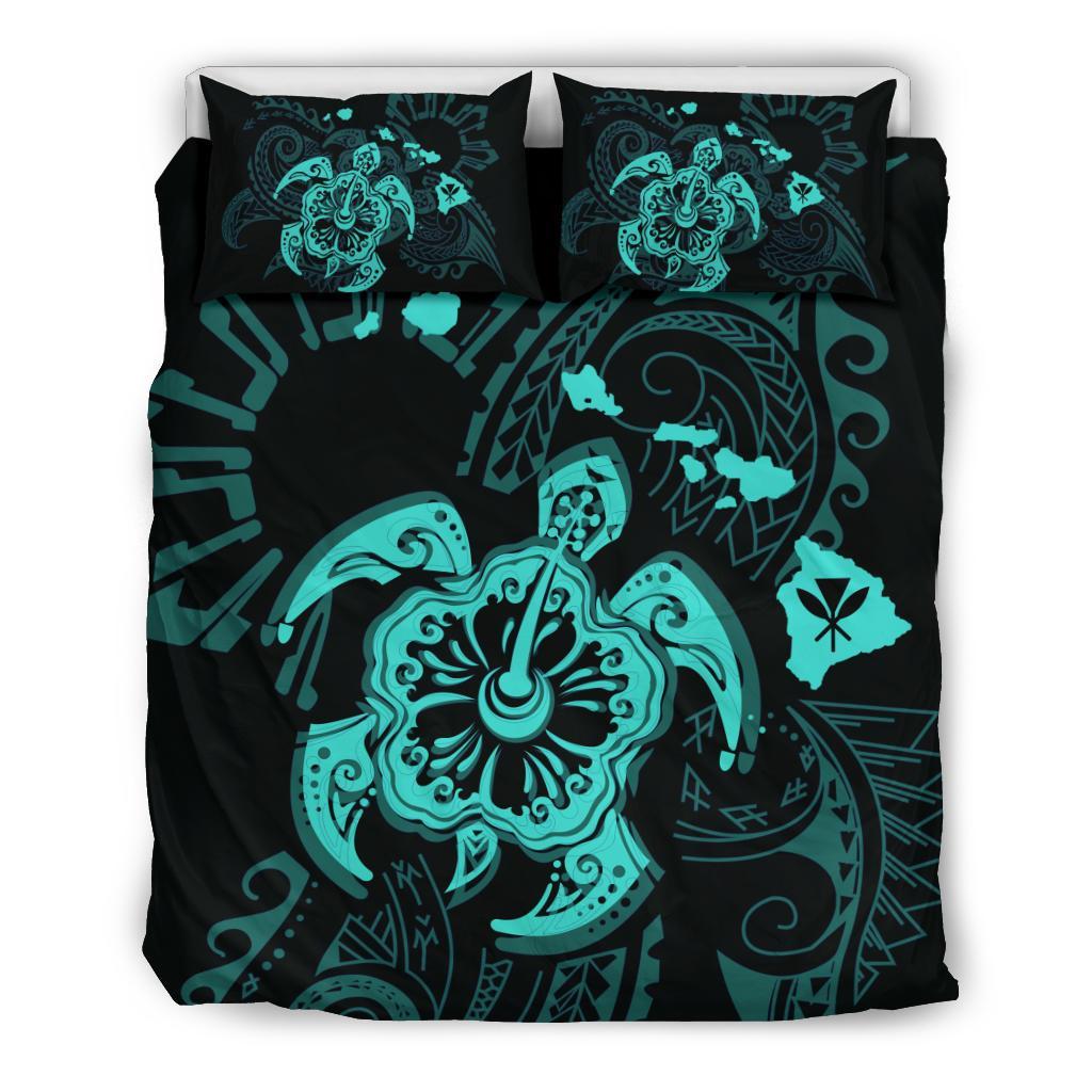 Hawaiian Map Kanaka Hibiscus Turtle Turquoise Polynesian Bedding Set Art - Polynesian Pride