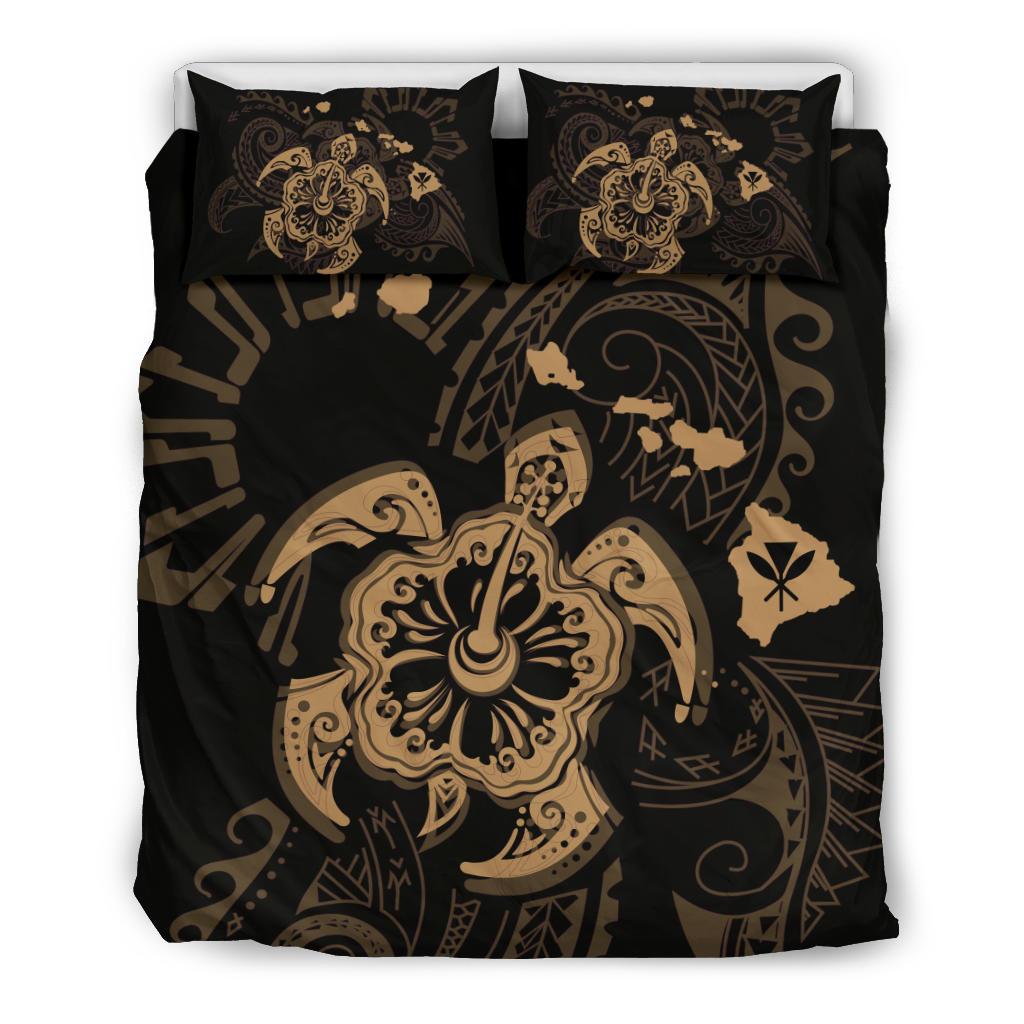 Hawaiian Map Kanaka Hibiscus Turtle Gold Polynesian Bedding Set Gold - Polynesian Pride