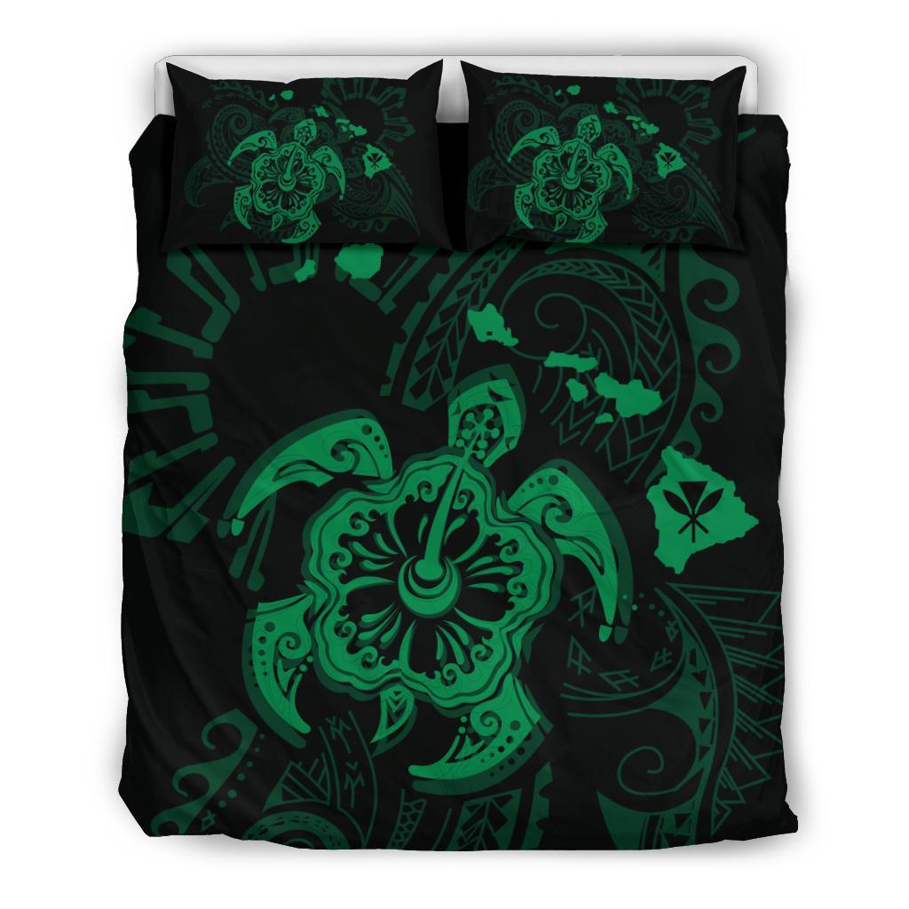 Hawaiian Map Kanaka Hibiscus Turtle Green Polynesian Bedding Set Green - Polynesian Pride