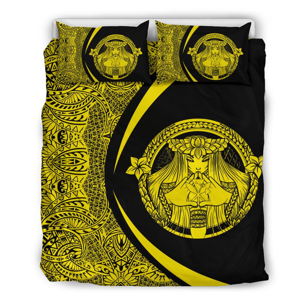 Hawaiian Madame Pele Kanaka Plumeria Polynesian Bedding Set Circle Style Yellow Yellow - Polynesian Pride