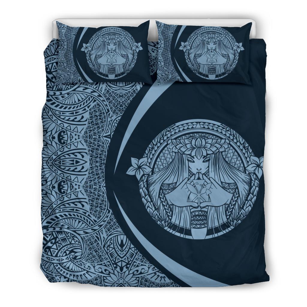 Hawaiian Madame Pele Kanaka Plumeria Polynesian Bedding Set Circle Style Blue - Polynesian Pride