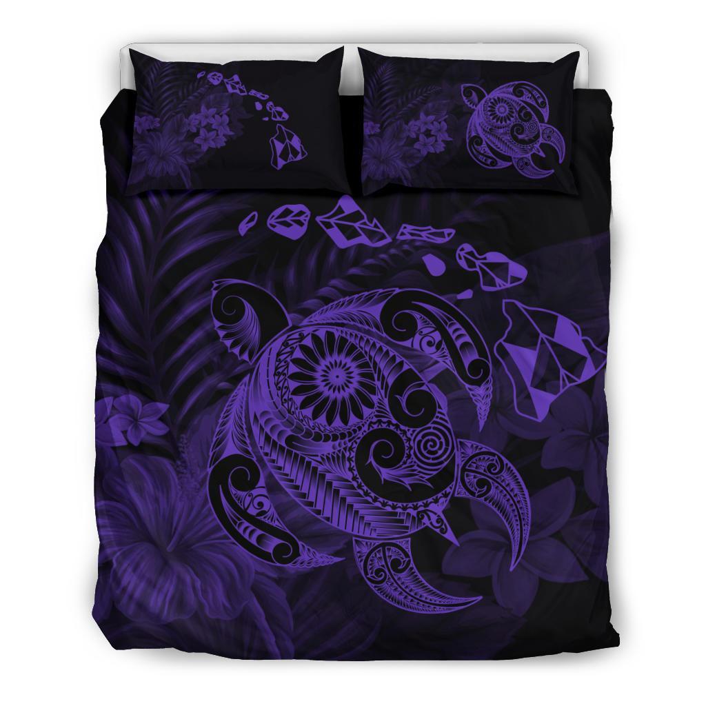 Hawaiian Map Turtle Tattoo Hibiscus Plumeria Polynesian Bedding Set - Purple Purple - Polynesian Pride