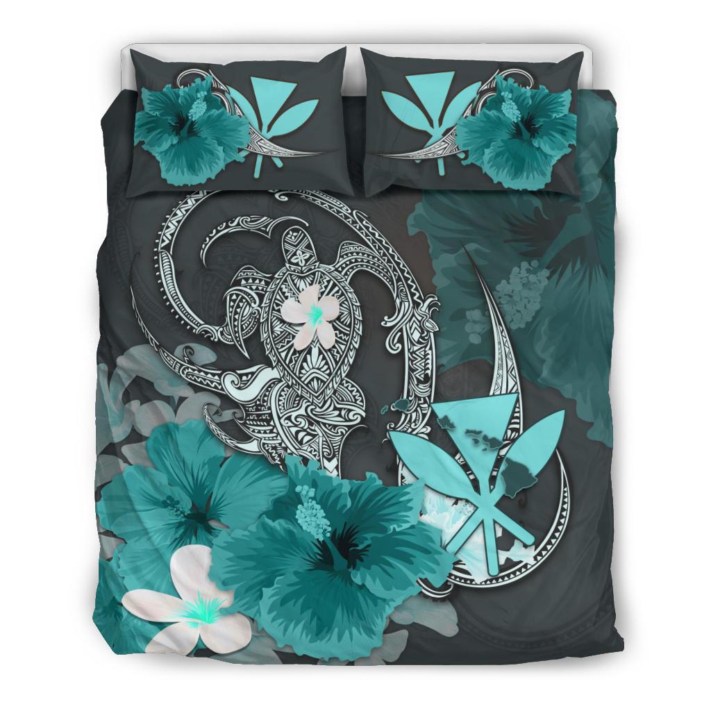 Kanaka Maoli (Hawaii) Bedding Set - Hibiscus Turtle Tribal Turquoise Turquoise - Polynesian Pride