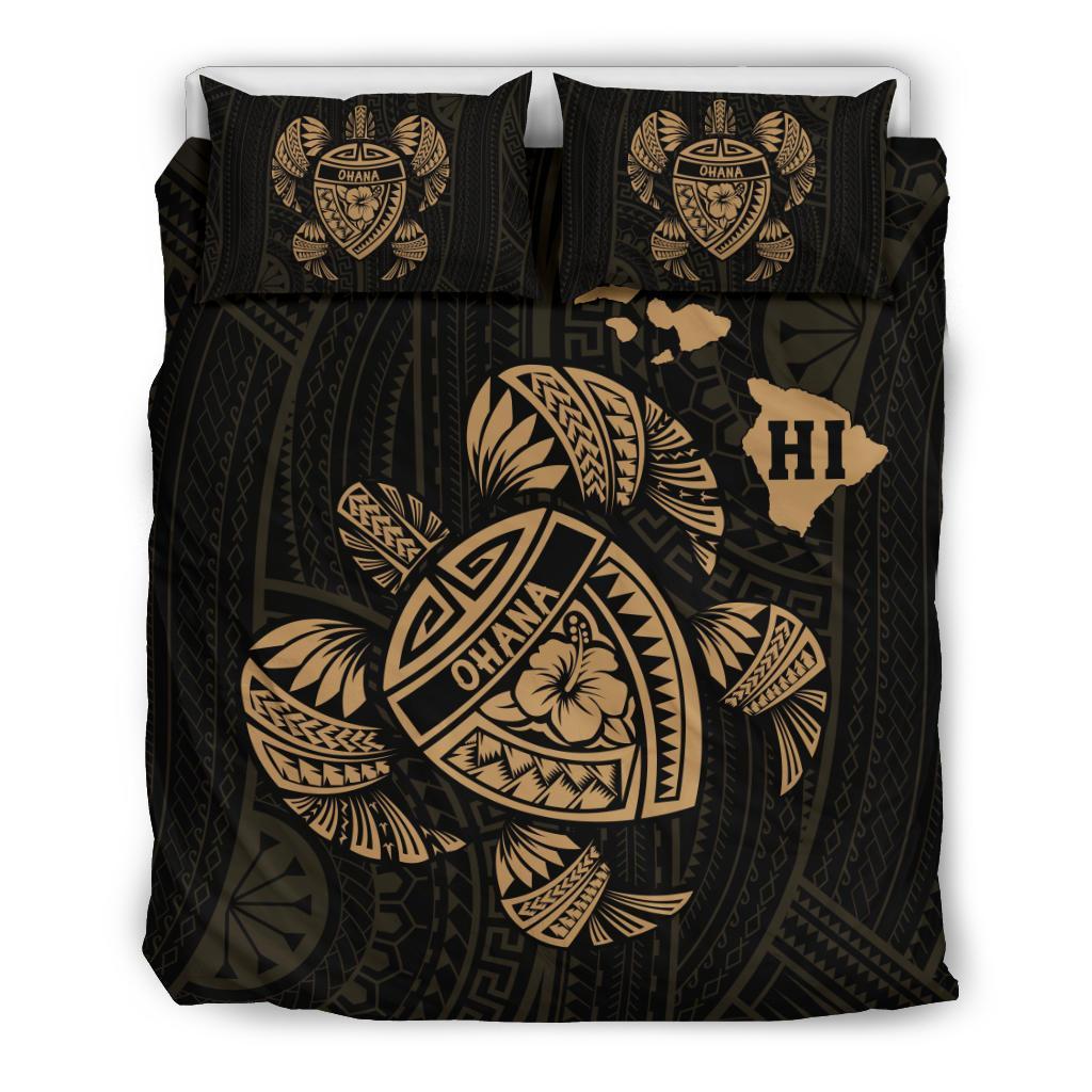 Hawaiian Map Turtle Ohana Hibicus Polynesian Bedding Set - Gold Gold - Polynesian Pride