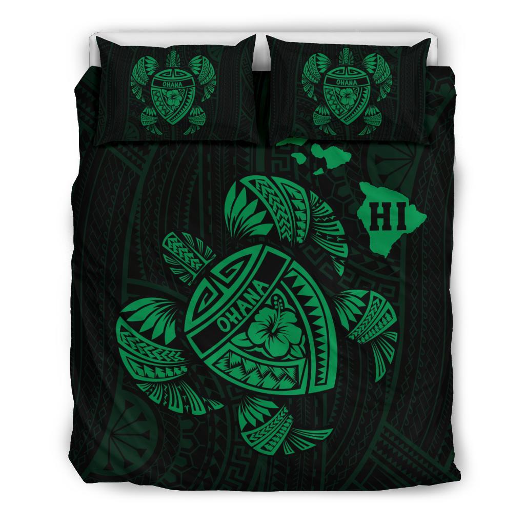 Hawaiian Map Turtle Ohana Hibicus Polynesian Bedding Set - Green Green - Polynesian Pride